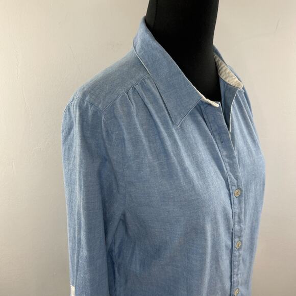 7 For All Mankind Chambray White Detail Button Down 3/4 Sleeve Shirt M Medium - Picture 4 of 8